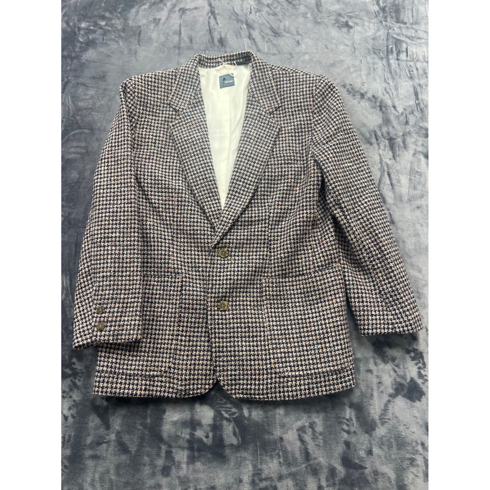 Lizwear Houndstooth Blazer Womens Petite 8 Navy Tan‎ Wool Blend Dark Academia